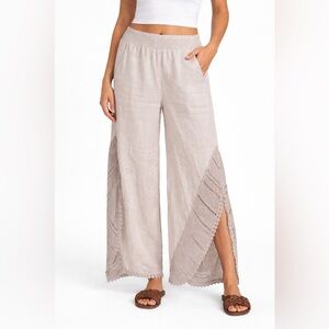 XCVI Beige Wide Leg Linen Pants with Crochet Slits sz Medium Boho Festival Beach